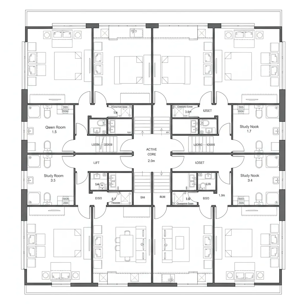 Top-down CAD plan placing quiet bedrooms at façade and active kitchens/baths by corridor