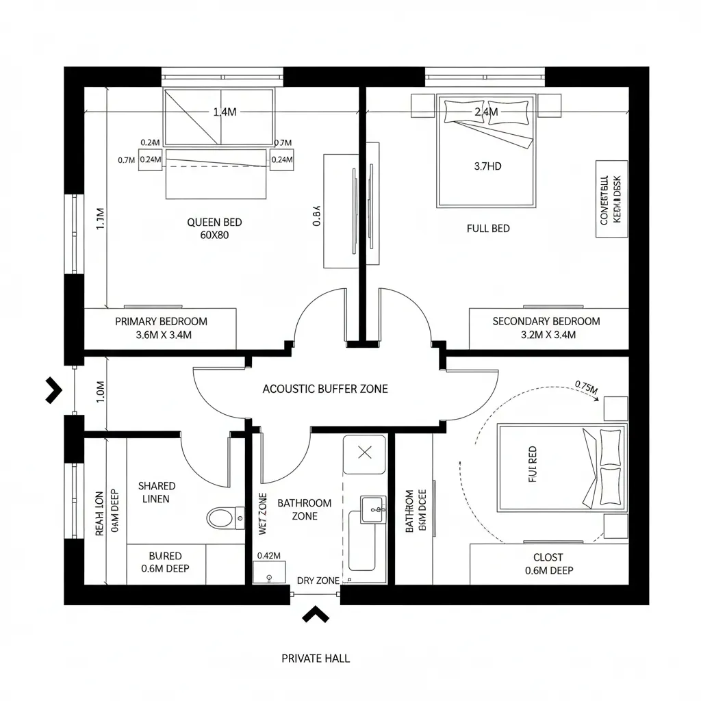 Top-down plan of two bedrooms with bath and linen buffer for acoustics