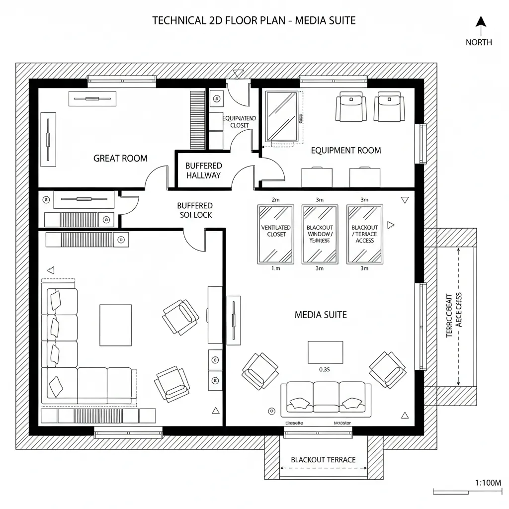 Technical 2D interior design drawing showing media suite rooms with furniture and blackout terrace access