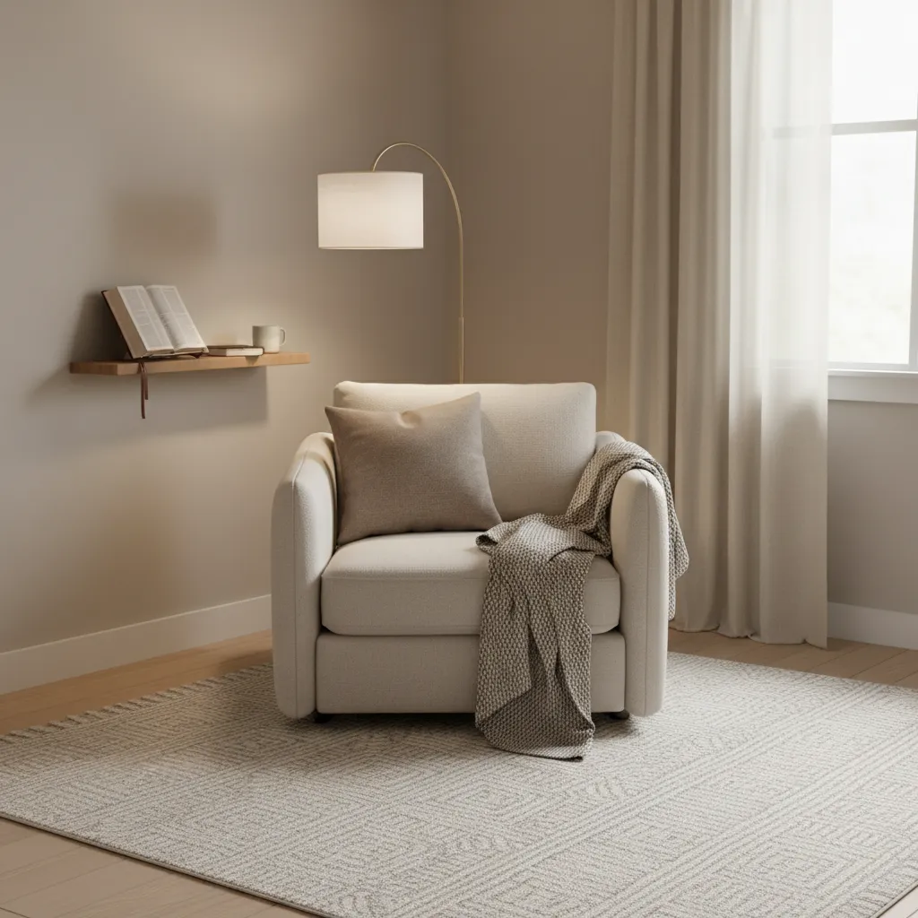 quiet prayer space in home bedroom corner with chair and lamp