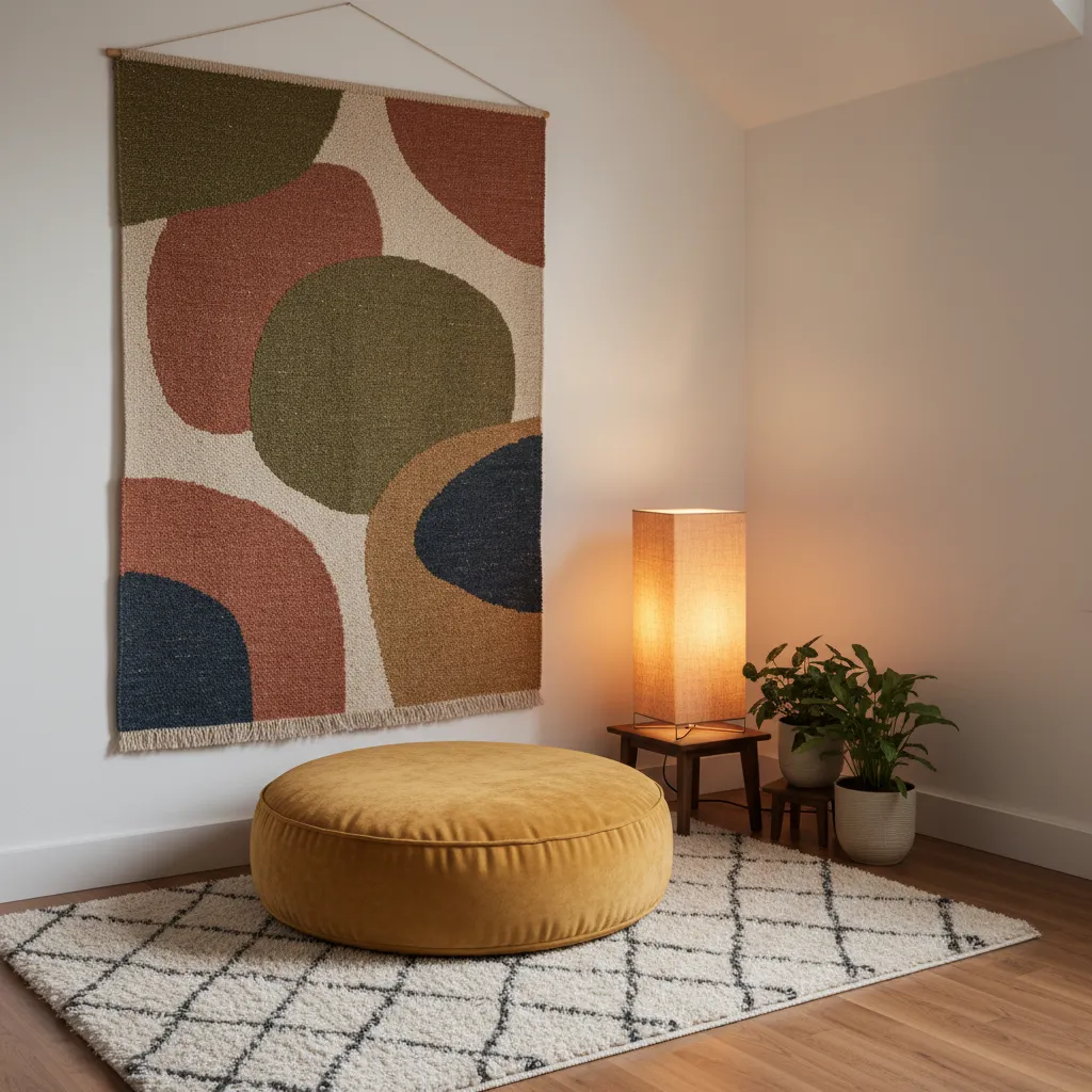 Prayer corner with rug cushions and fabric decor reducing noise in a small room