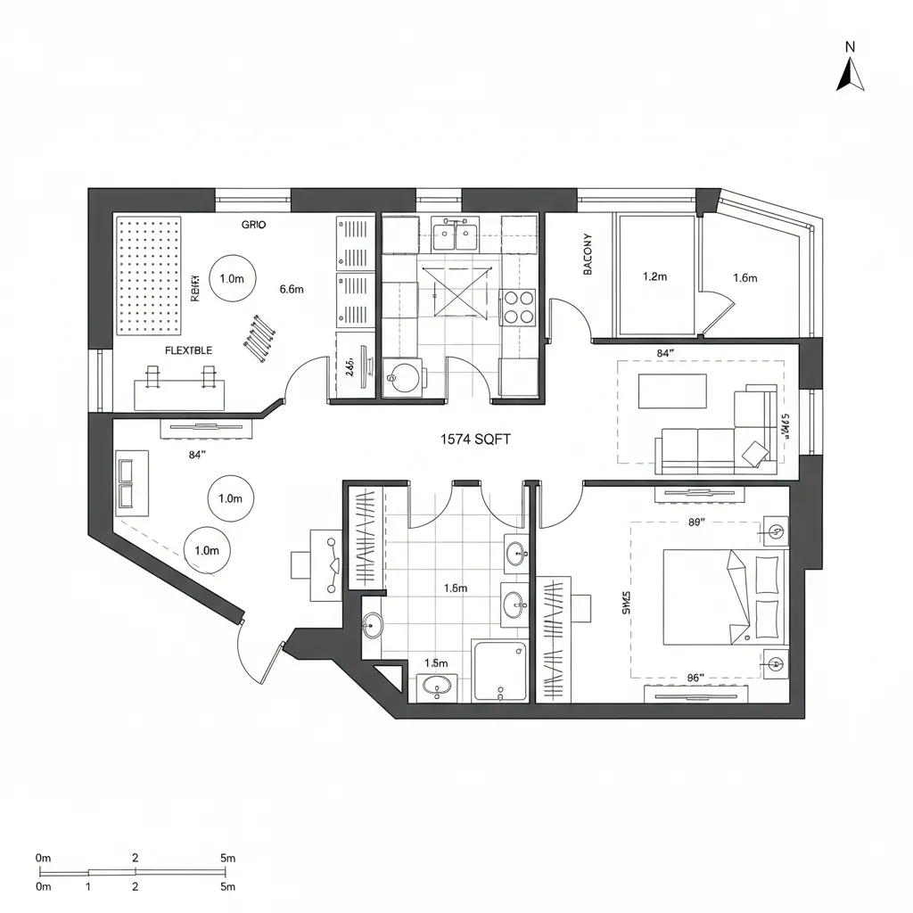 Top-down CAD plan with quiet quadrant and flexible studio bay
