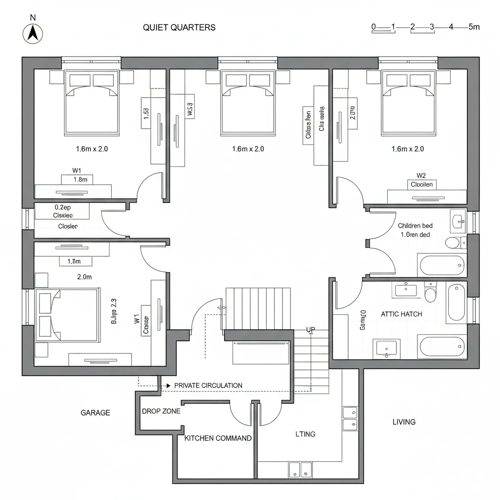 Top-down CAD plan of upper quiet bedroom loop over active ground core