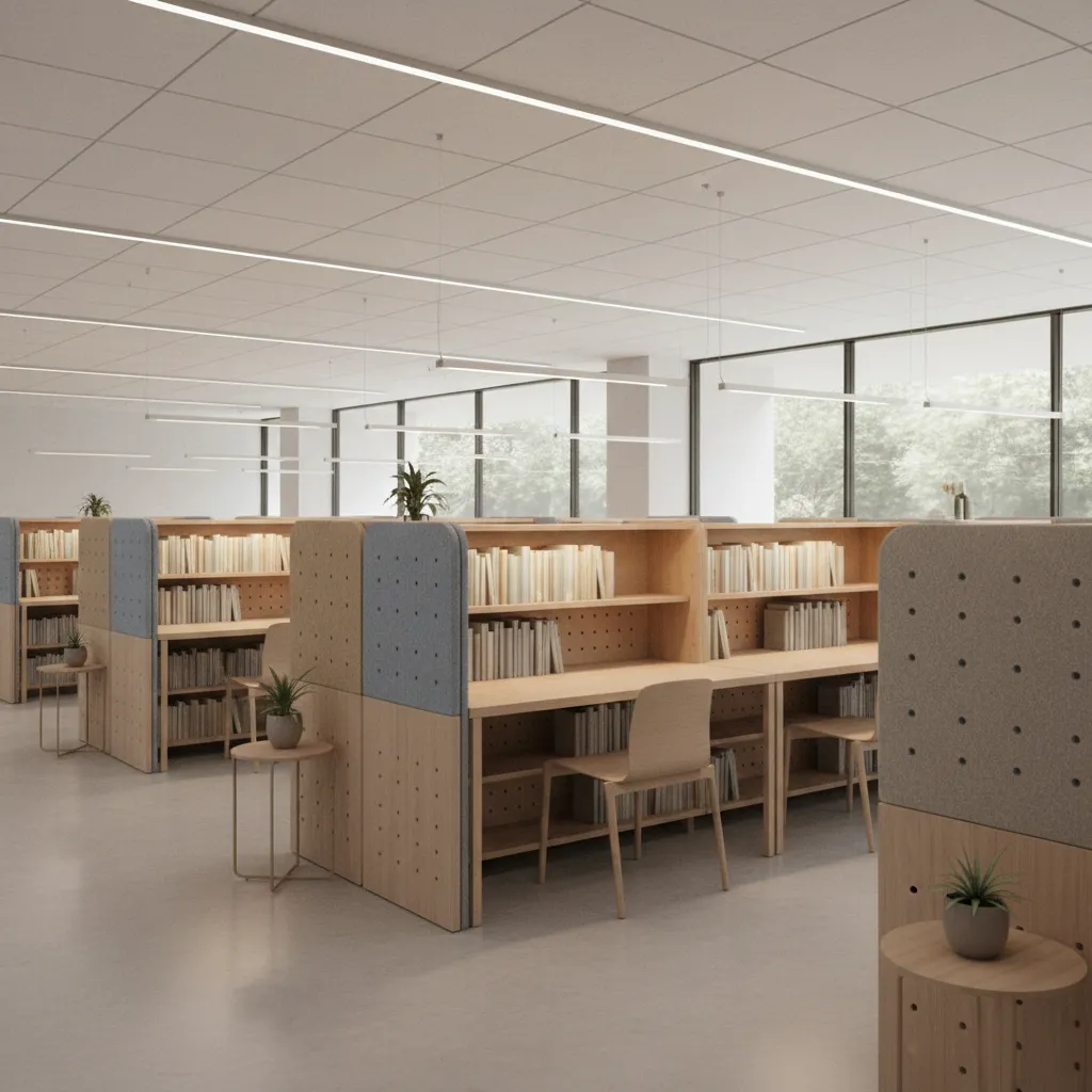 quiet study zone separated by shelving inside a contemporary library interior
