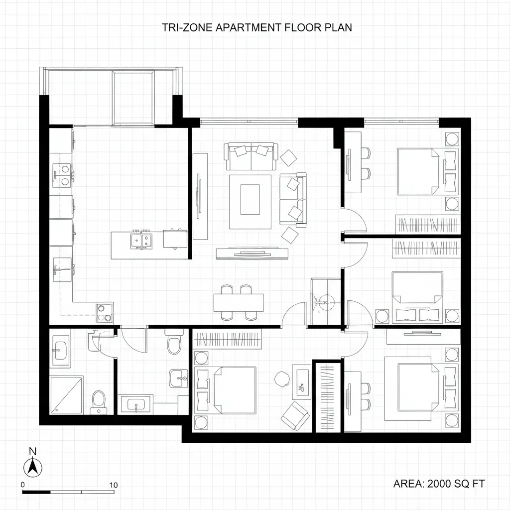 Three bedroom apartment floor plan with open kitchen living room dining area and two full bathrooms