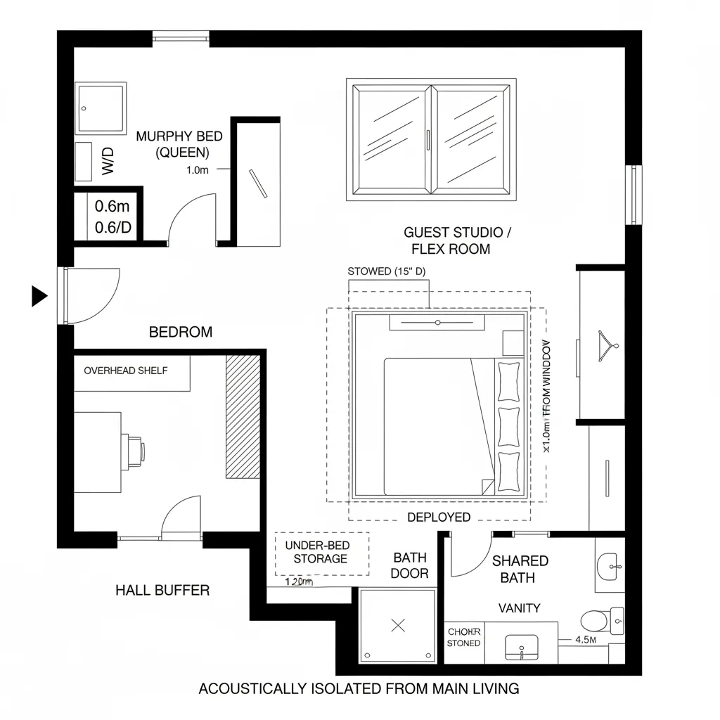 Floor plan showing a guest studio with a bed plus a bathroom and laundry area