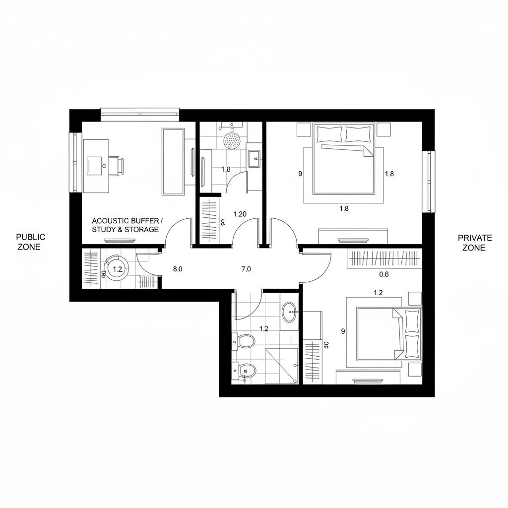 Floor plan layout showing two bedrooms two bathrooms a study room and private and public zones