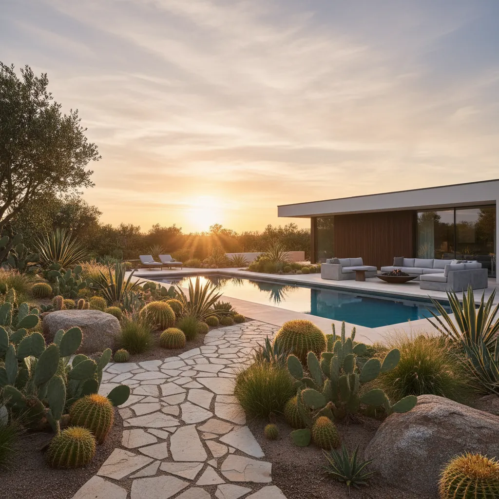 Jardín paisajístico de bajo mantenimiento en una casa quinta moderna