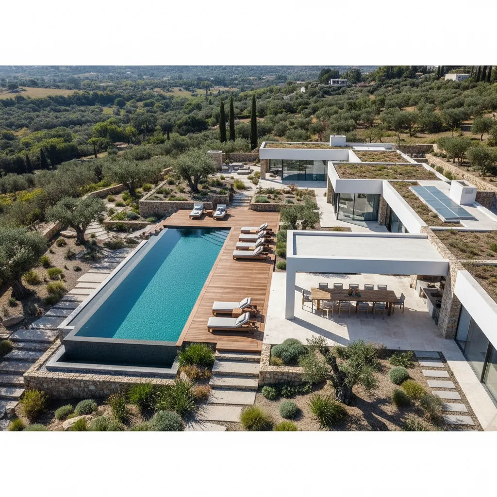 Distribución de casa quinta con piscina y jardín