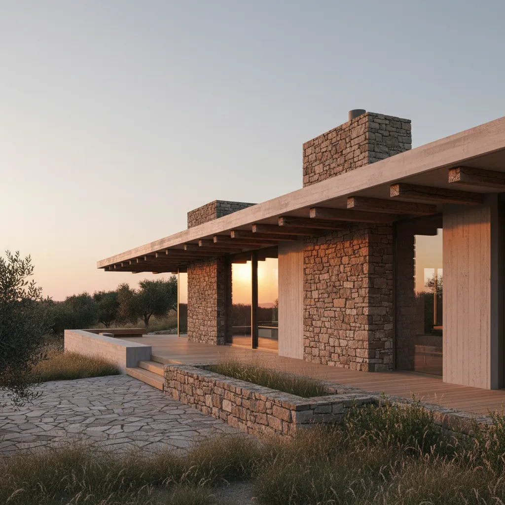 Casa quinta construida con piedra madera y hormigón