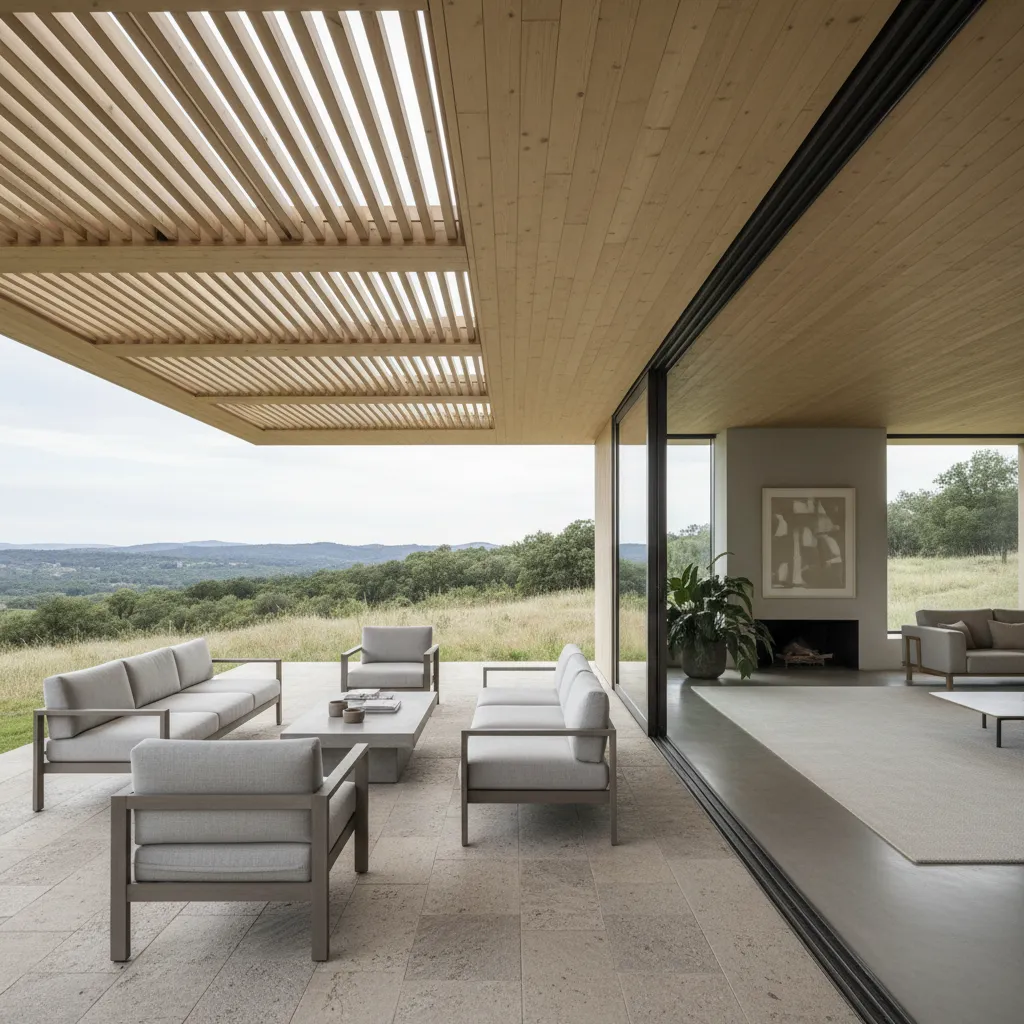 Terraza moderna conectada con el salón en una casa quinta contemporánea