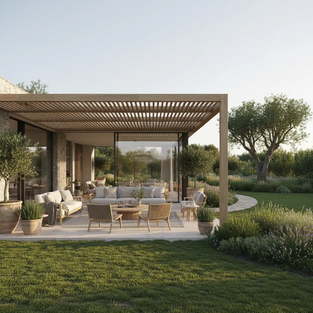 Terraza amplia conectada al jardín en una casa quinta