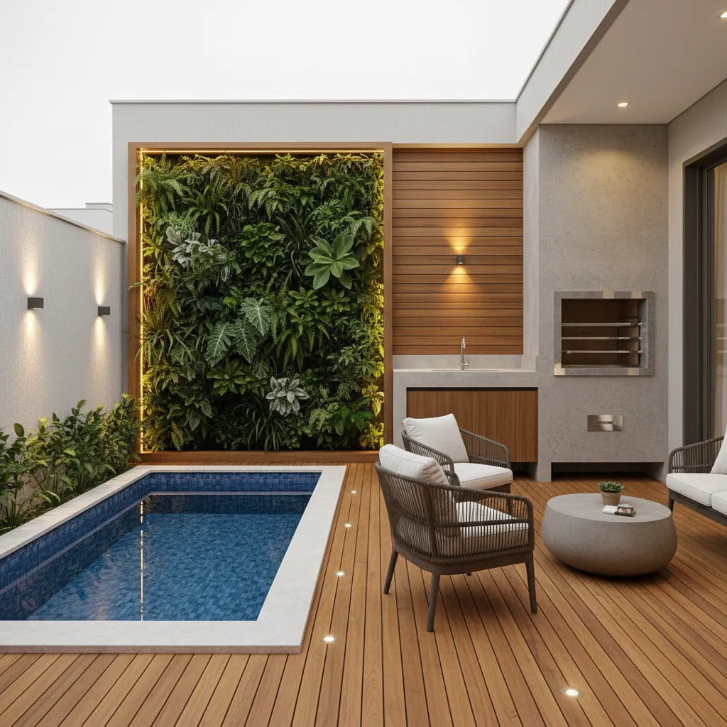 quintal pequeno com piscina deck e área gourmet