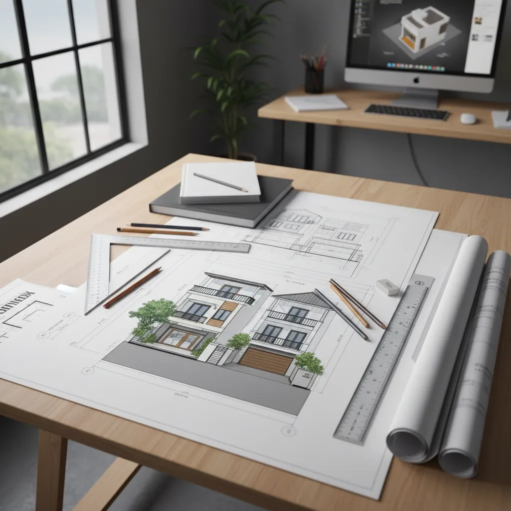 Interior design drawing of a modern house exterior view on a desk with various tools