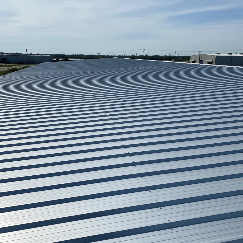 R panel metal roofing showing wide ribbed structure and large coverage width