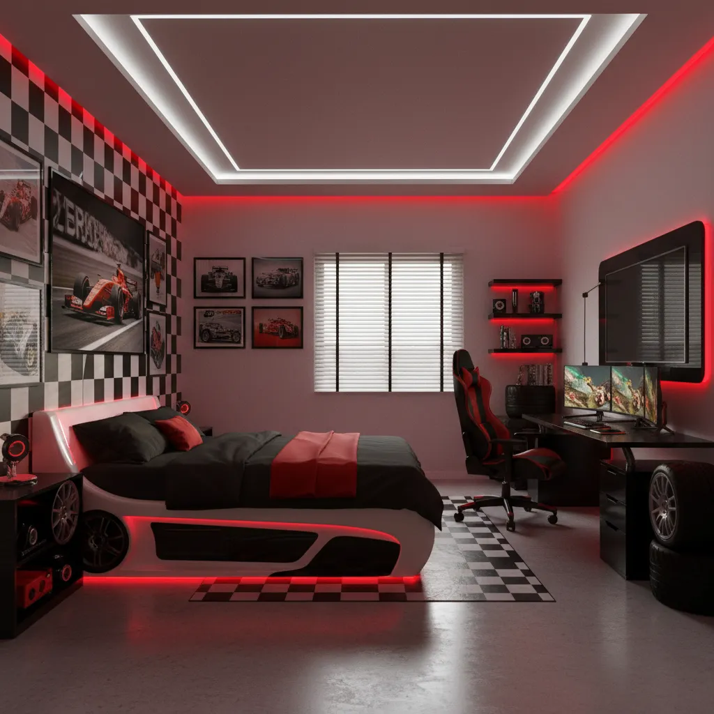 racing style car themed bedroom with checkered flag decor and bold red accents