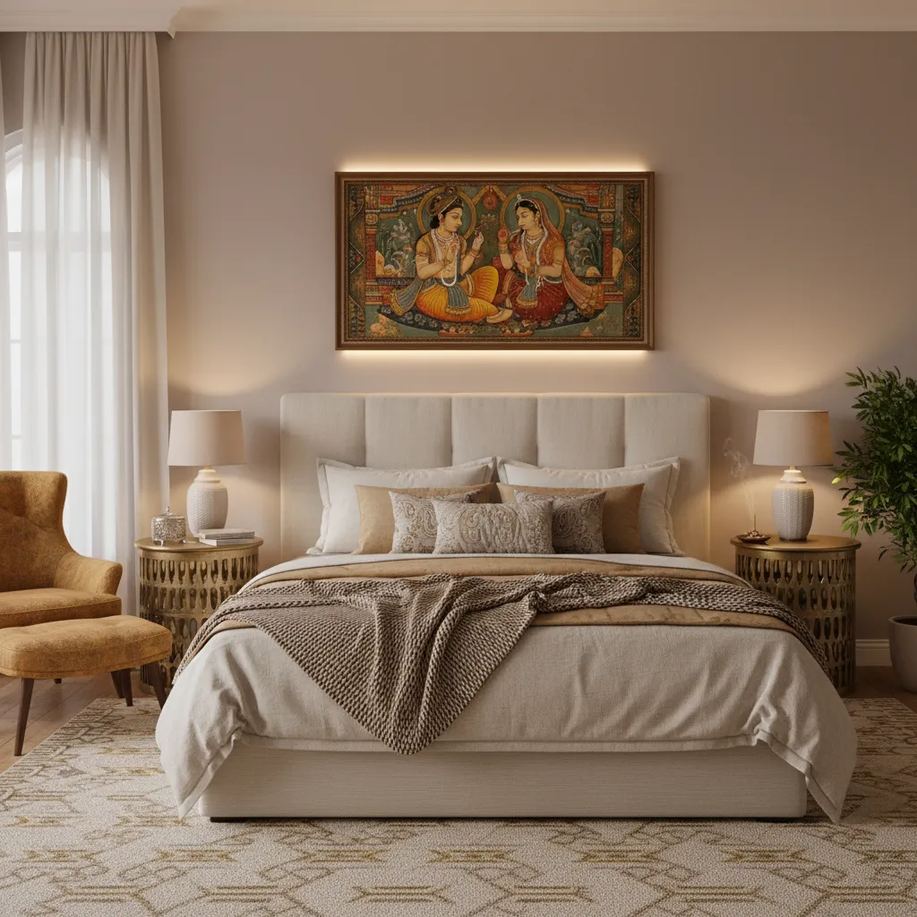 Radha Krishna painting above bed in warm bedroom design