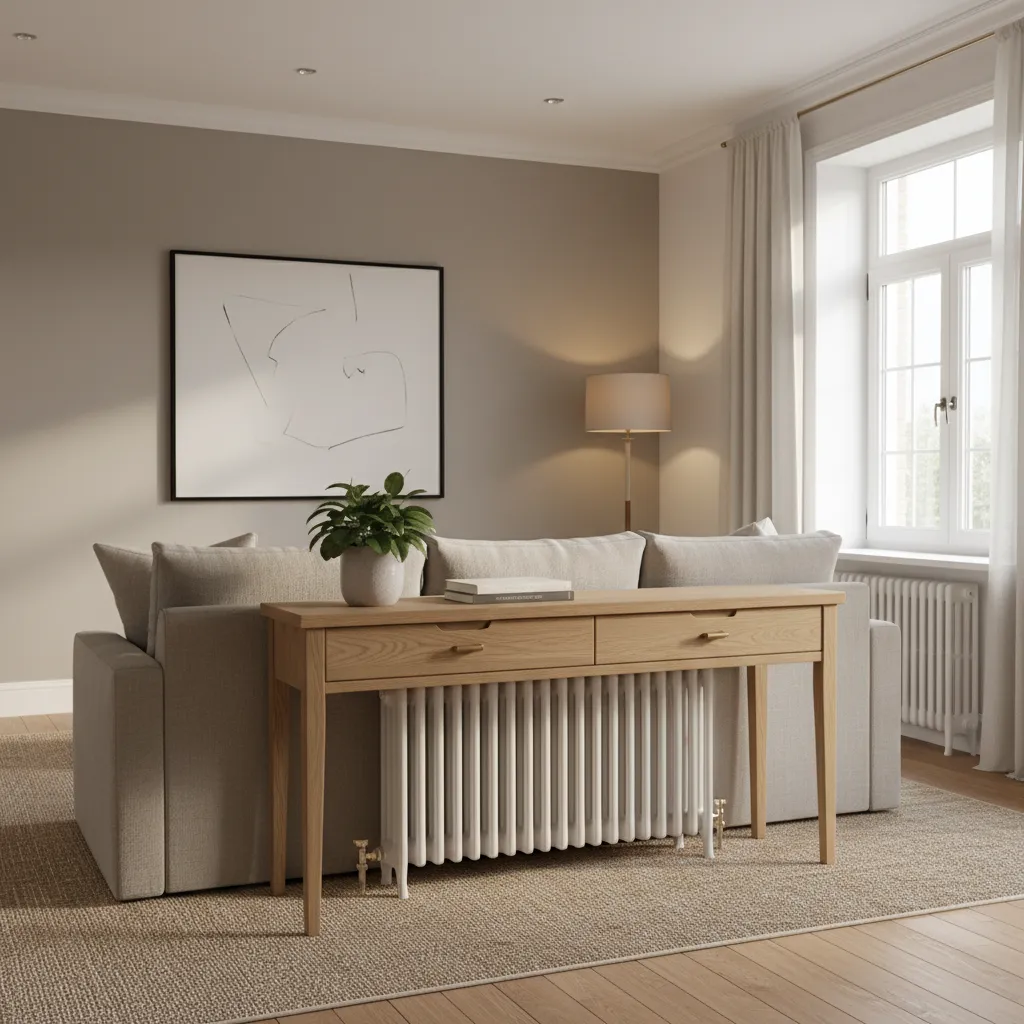 Wooden table with drawers placed over white radiator behind grey sofa in modern living room