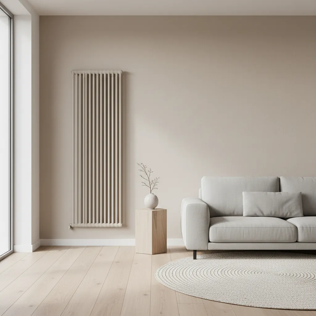 Modern living room featuring beige wall radiator light grey sofa wooden side table and rug
