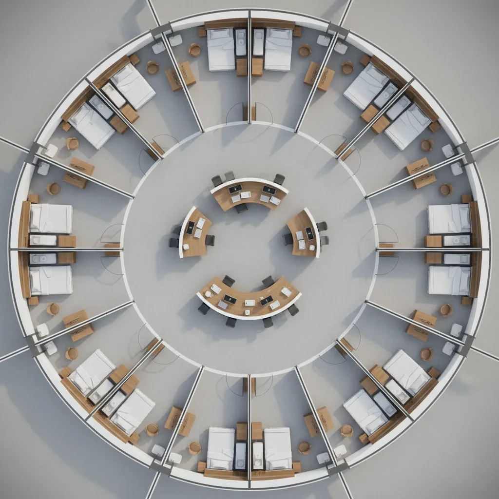 radial hospital layout with central nurse station and surrounding patient rooms