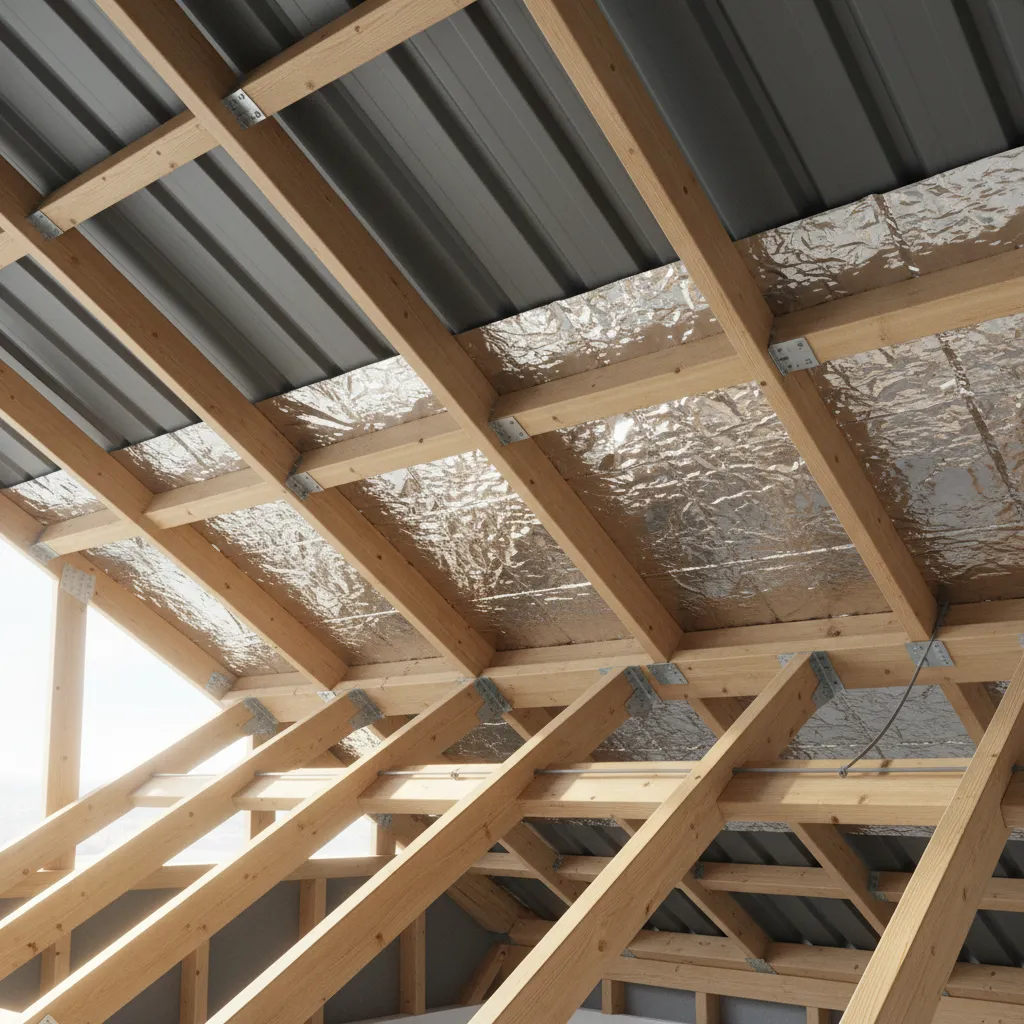 Radiant barrier foil layer installed beneath metal roofing panels