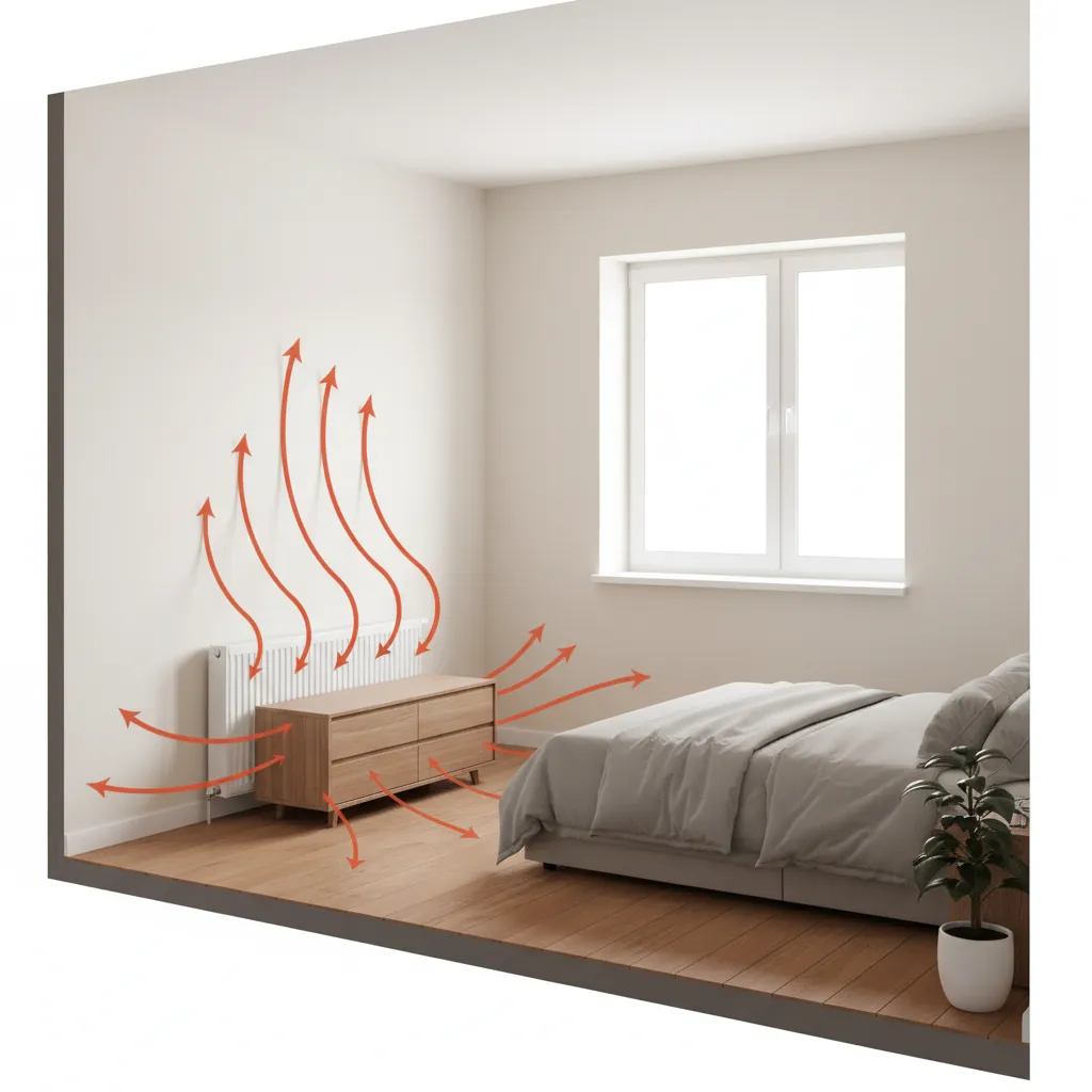 Illustration showing how furniture blocks radiator heat circulation