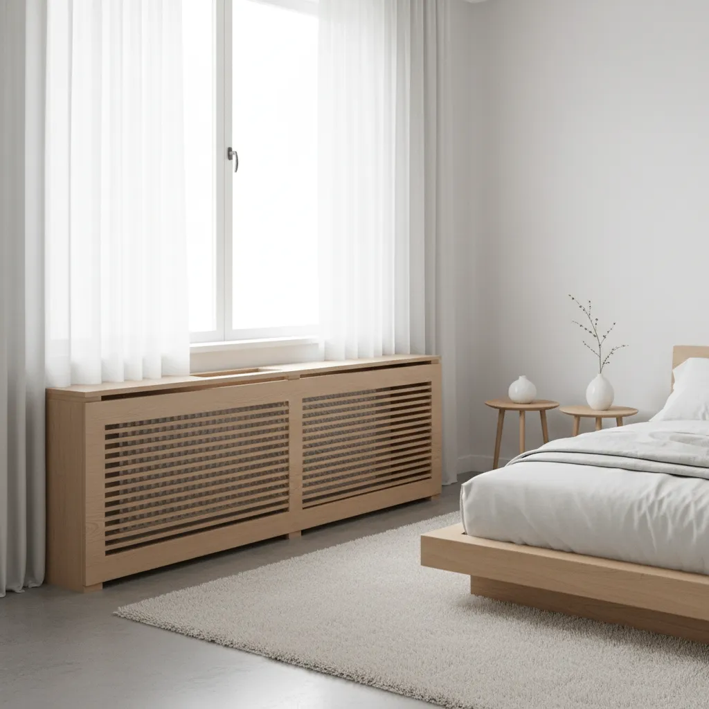 Decorative radiator cover with front grille and open top ventilation