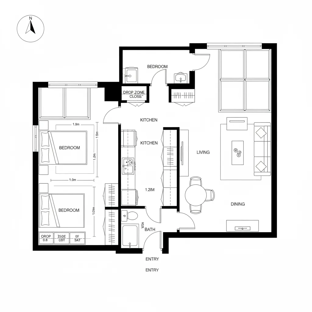 Detailed floor plan drawing showing three bedrooms kitchen living room dining area and bathroom layout design