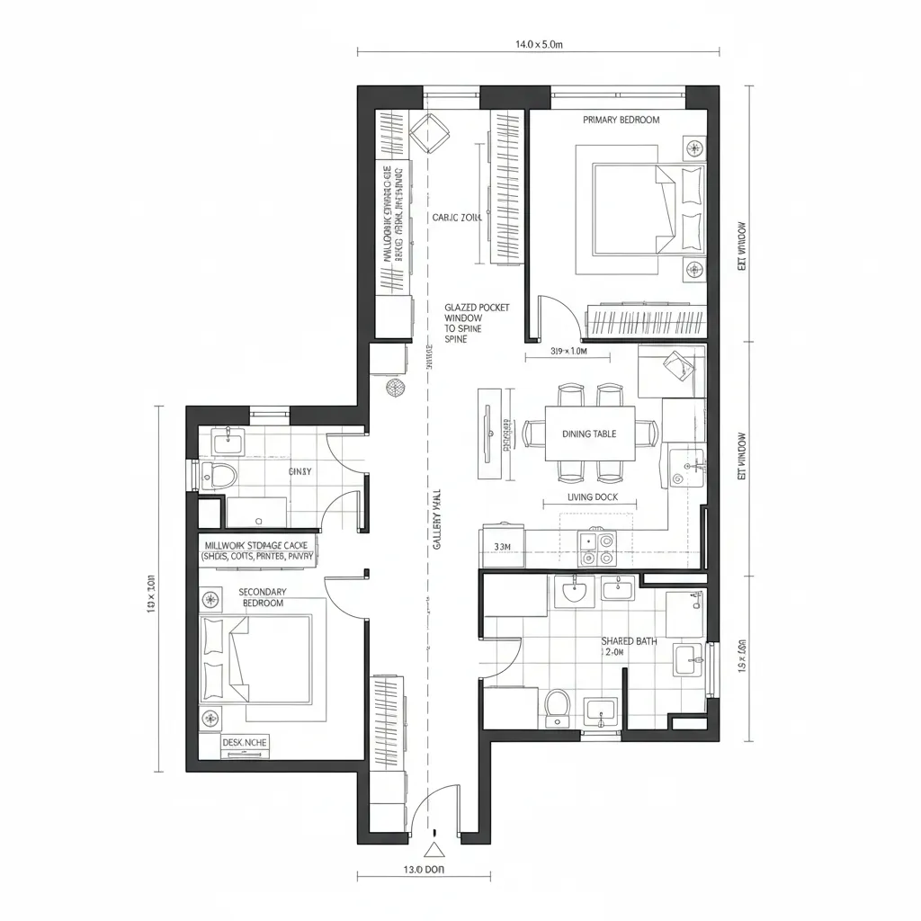 Rail Layout: Linear Spine with Modular Rooms