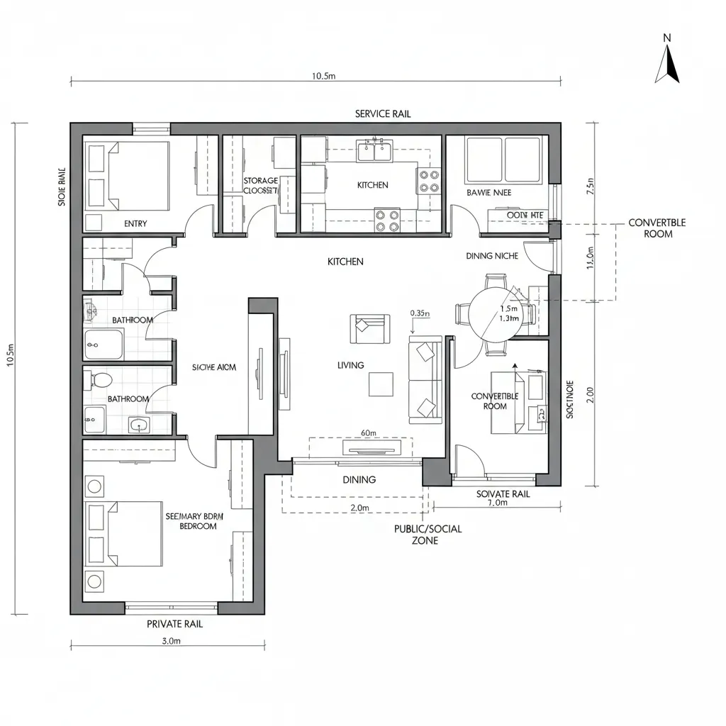 Rail-and-Node Plan with Convertible Third Room