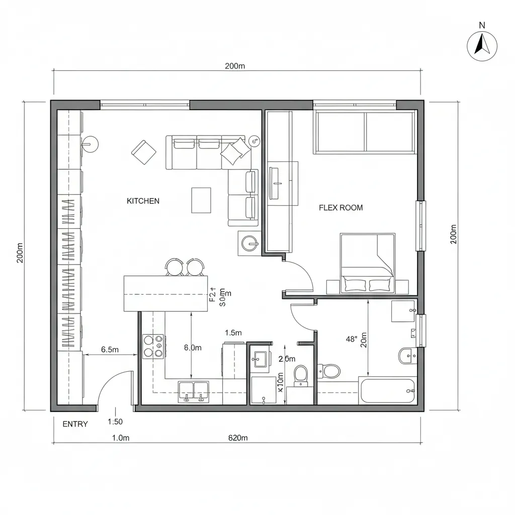 Top-down CAD plan of a two-zone layout with storage rail and pocket-door flex room