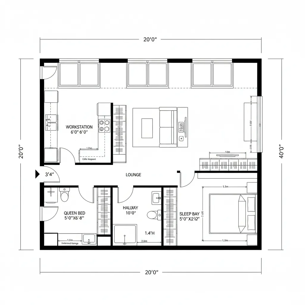 Top-down CAD plan of a 20x40 studio with linear kitchen, workstation, lounge, and queen sleep bay