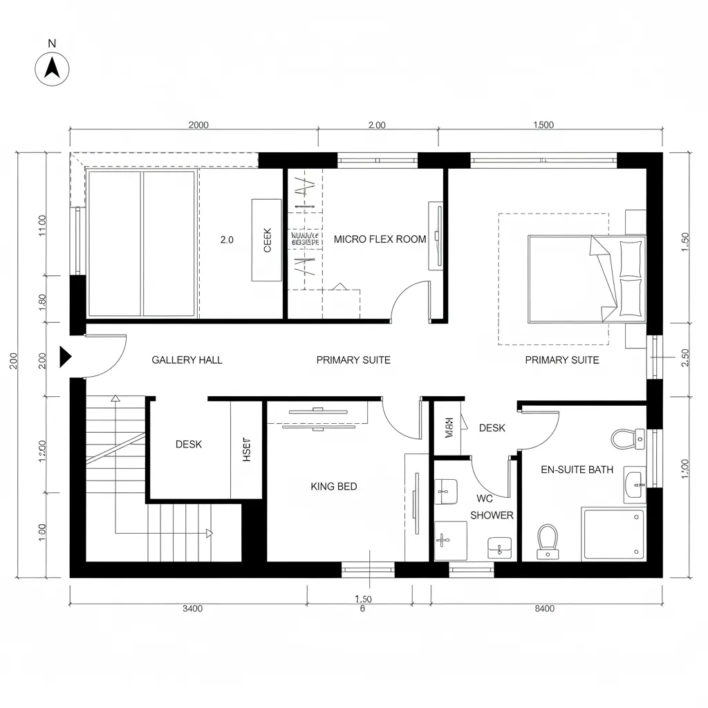 Rail-to-Light Gallery with Primary Suite + Micro Flex