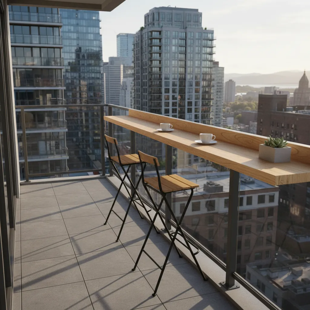 balcony railing bar table with two slim stools on narrow balcony