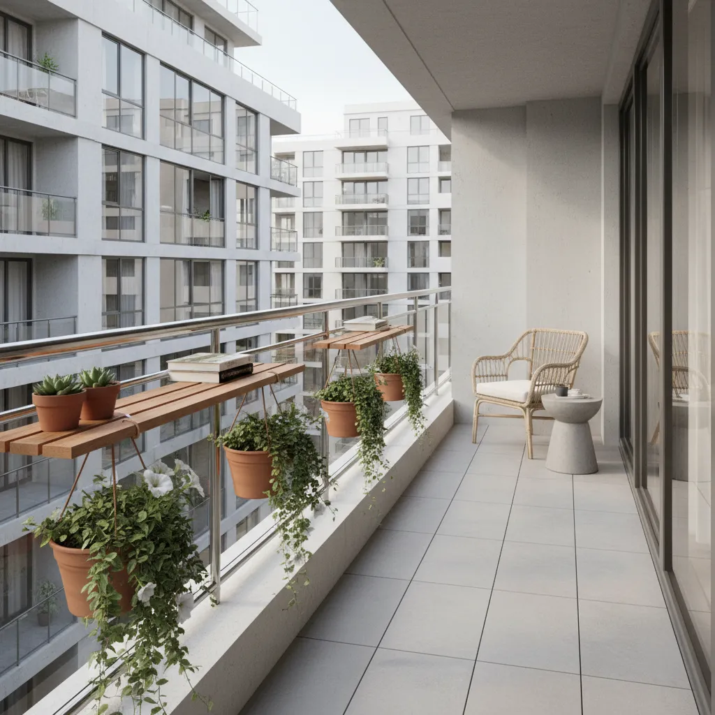 Balcony with railing mounted shelves and hanging planters