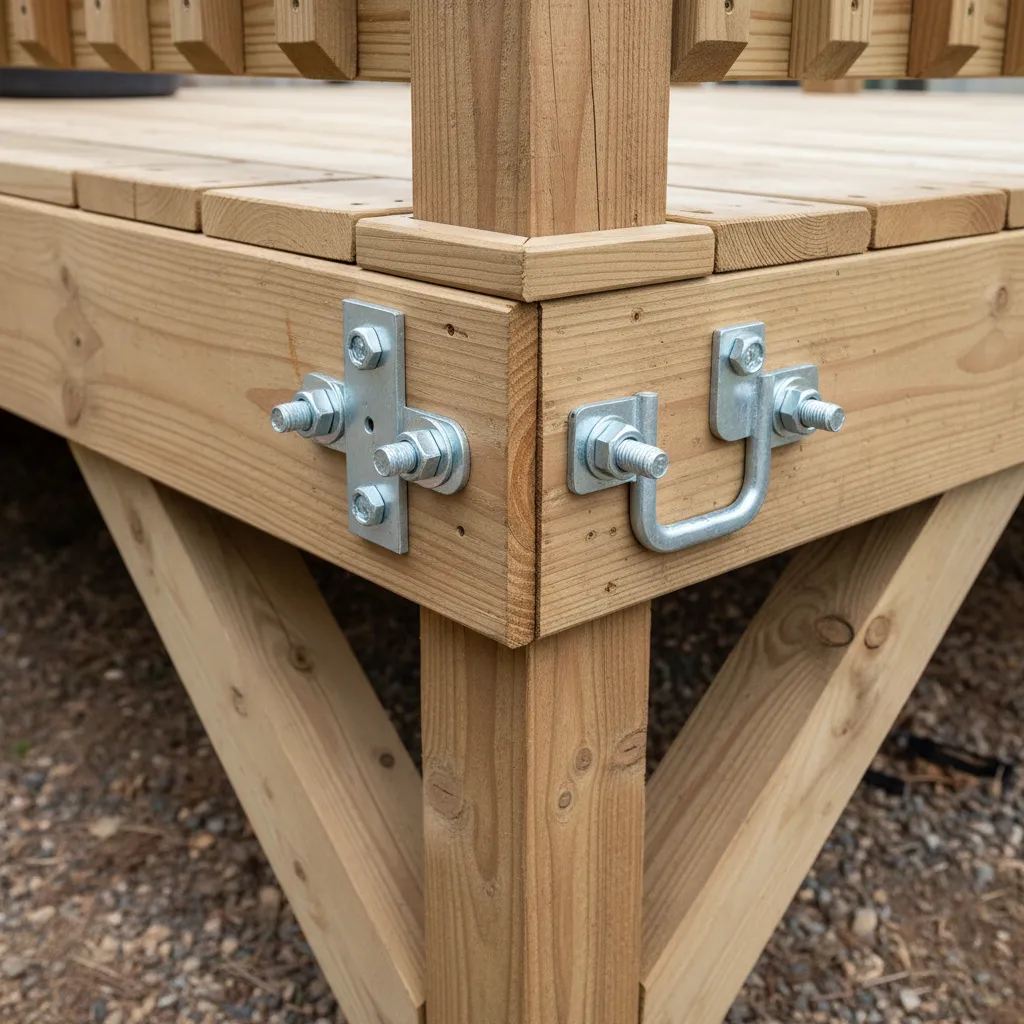 Deck railing post securely bolted to structural framing with metal brackets