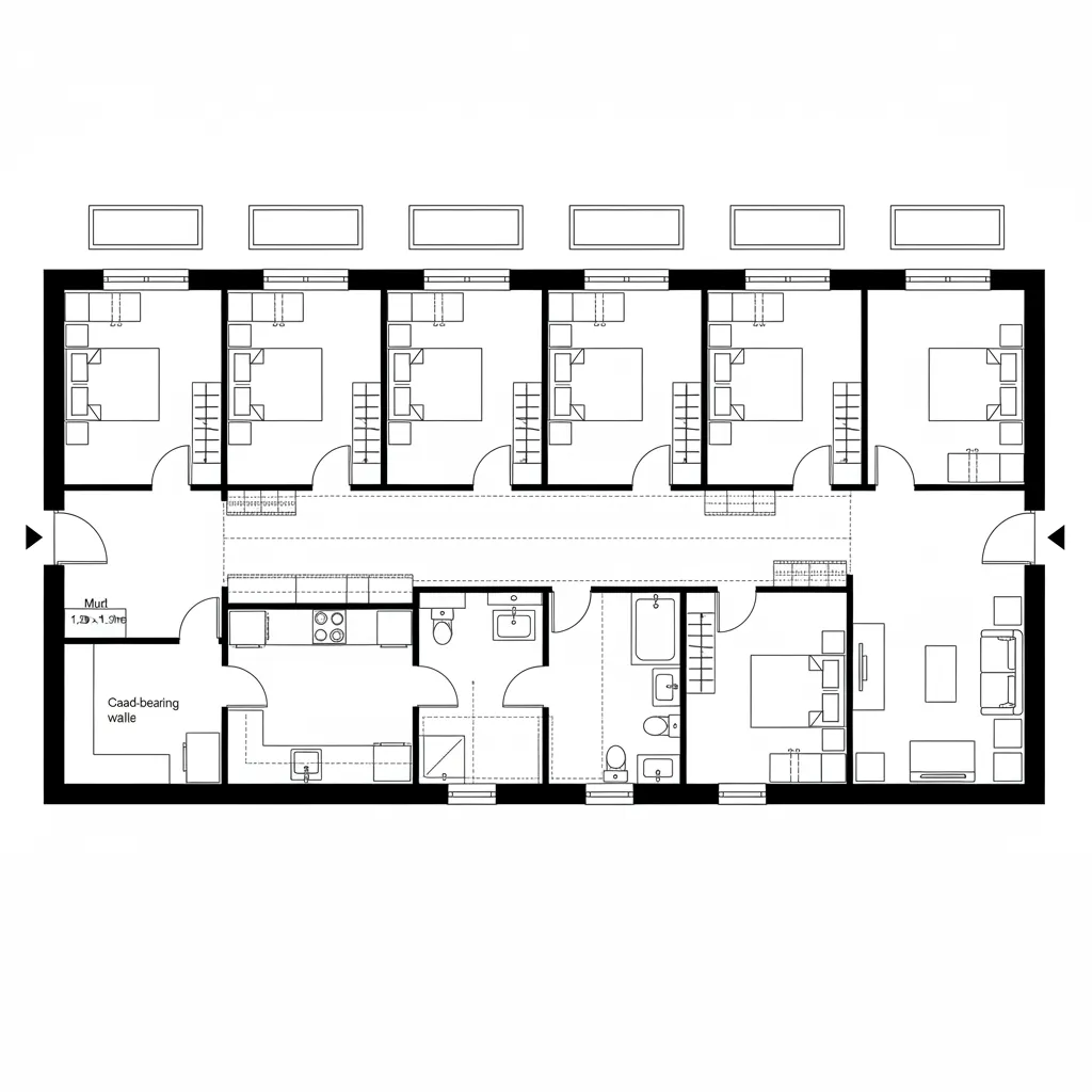 Top-down CAD plan of linear pods opposite a utility spine with clerestory daylight