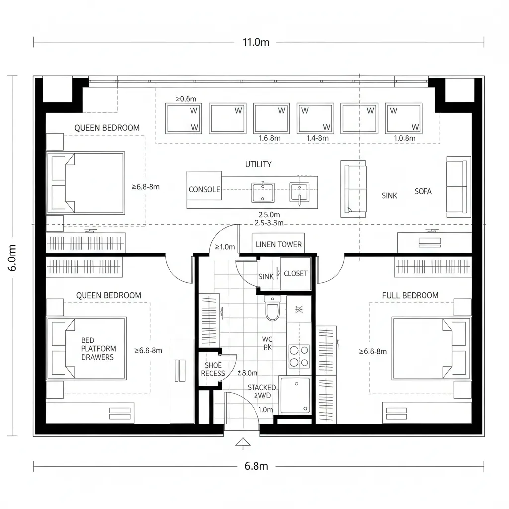 Floor plan layout of a three bedroom apartment including kitchen bathroom sofa and laundry utility area