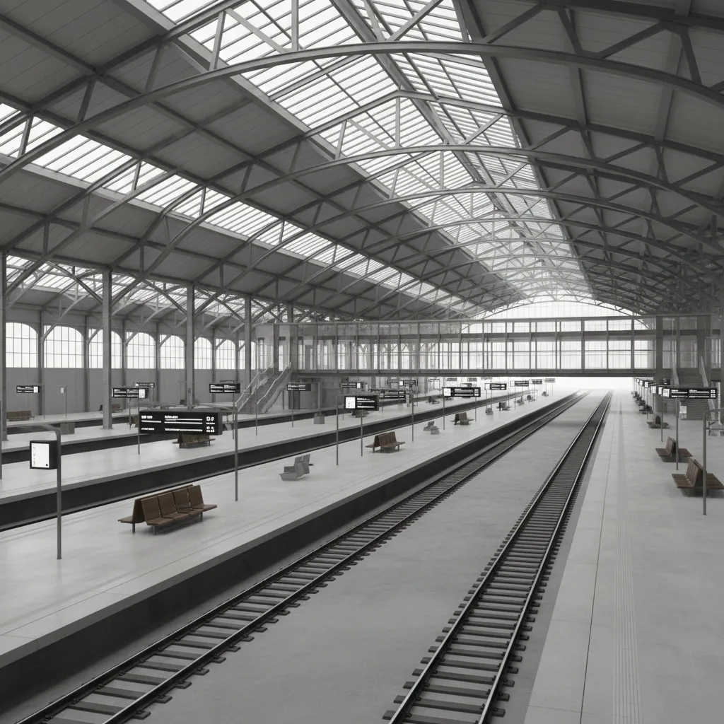 3D model overview of a large railway station scene with platforms and roof structure