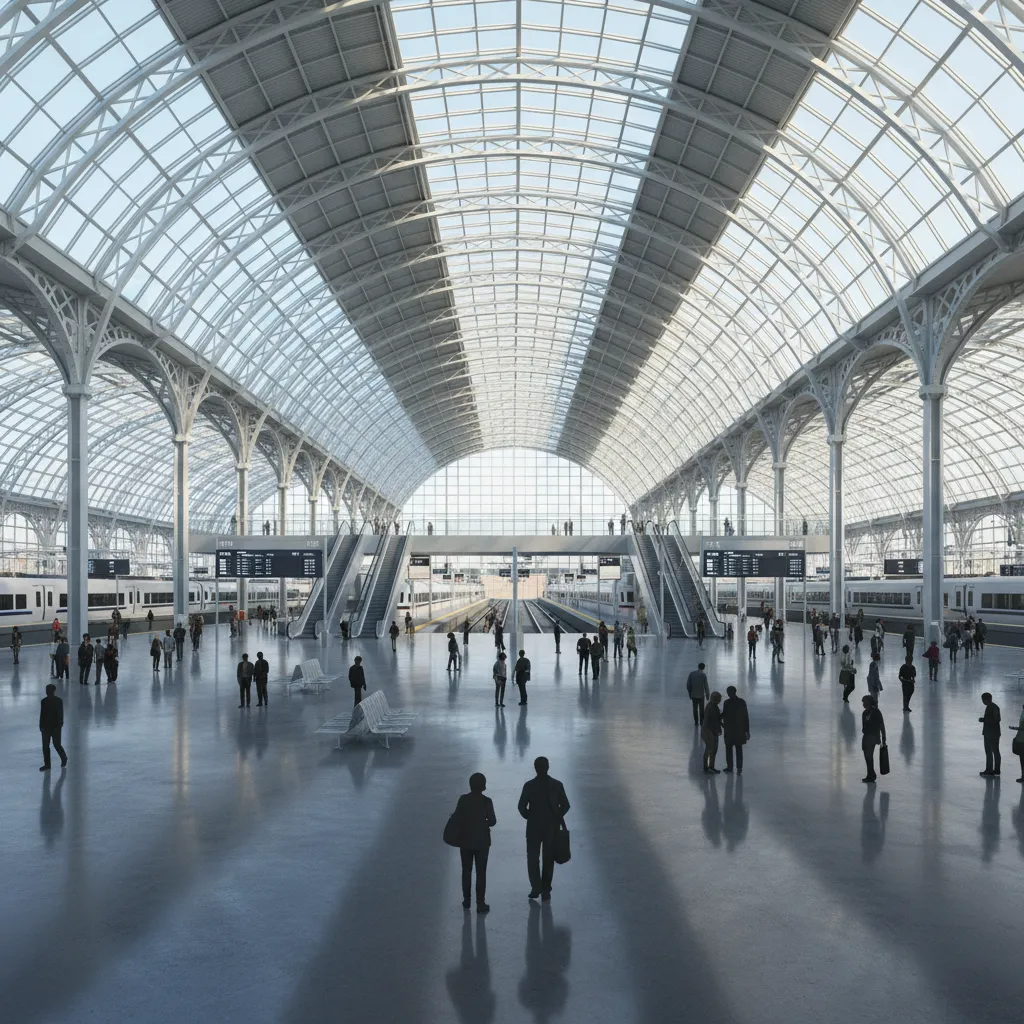 3D visualization of a large railway station concourse and platforms