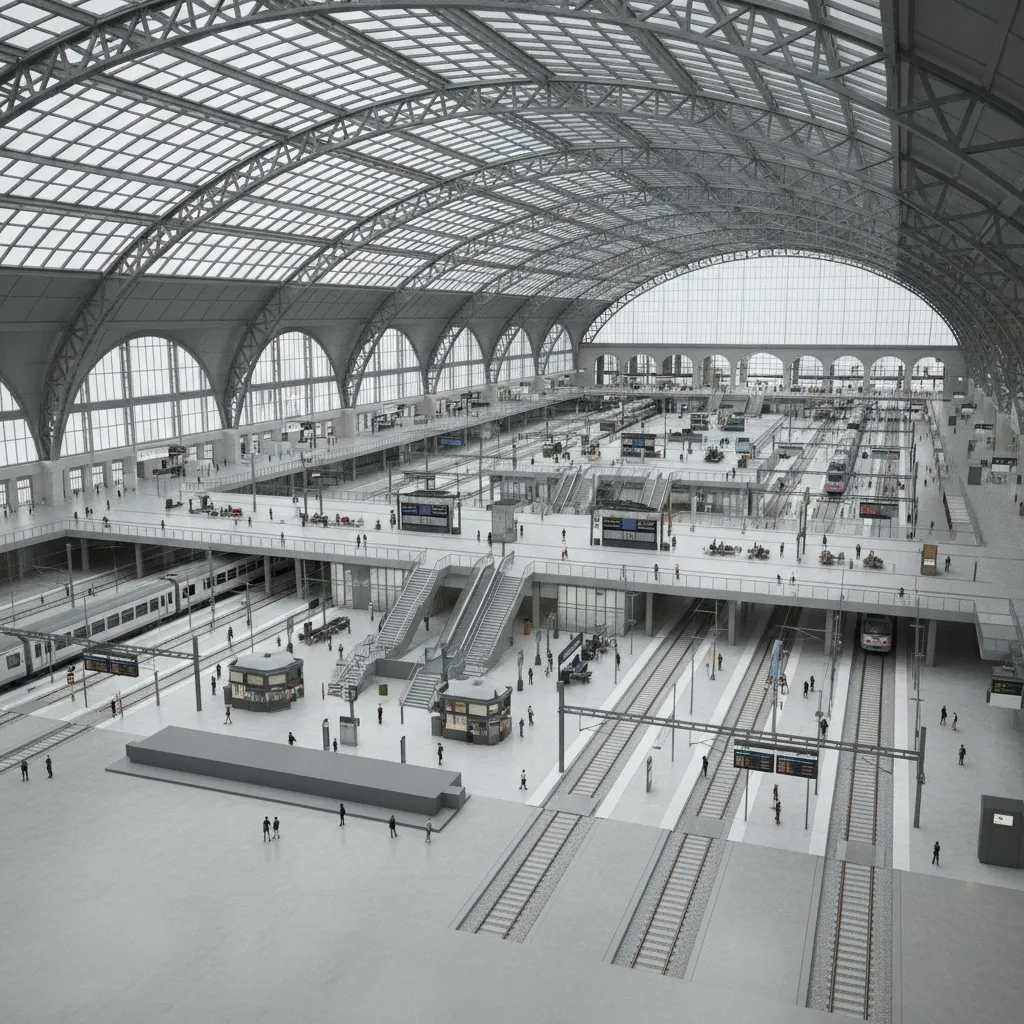 Overview of a large railway station 3D model showing platforms, roof structure, and main hall