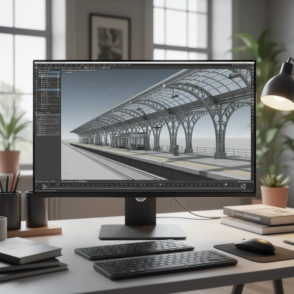 3D modeling workspace showing a railway station platform structure