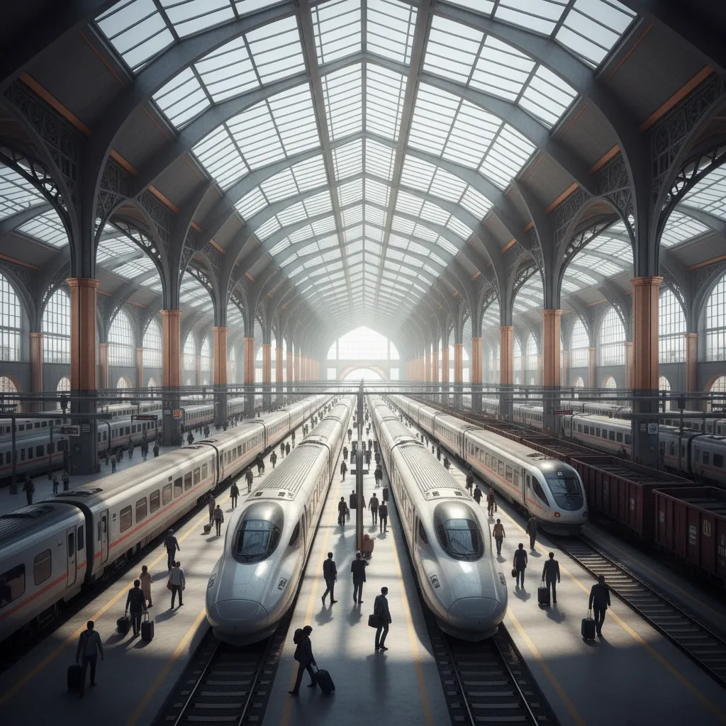 high quality 3D render of a large railway station interior and platforms