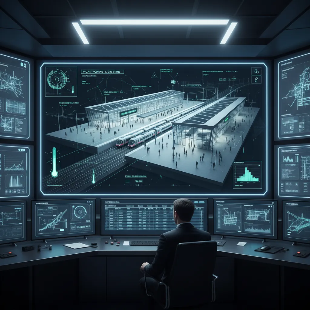 Digital twin interface showing a railway station 3D model with operational data overlays