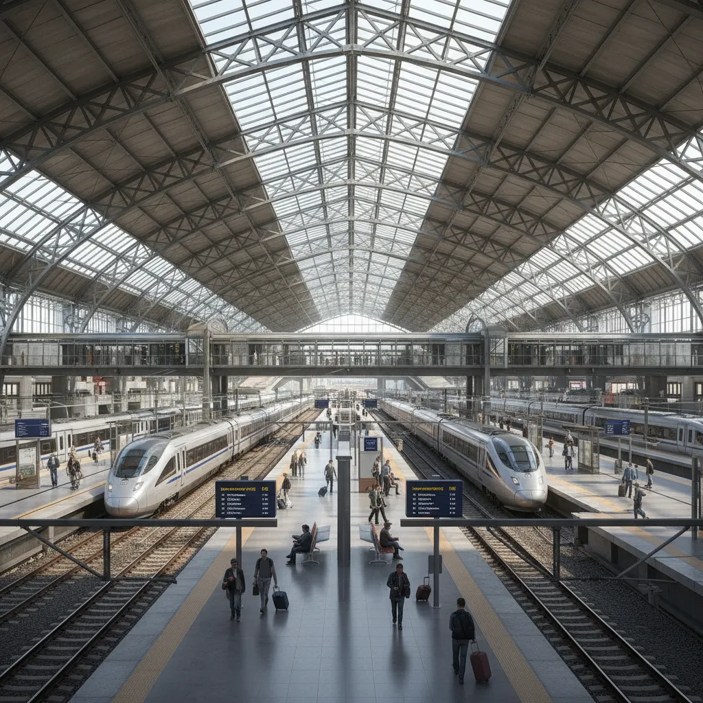 Large scale railway station 3D environment showing platforms, canopy structures and trains