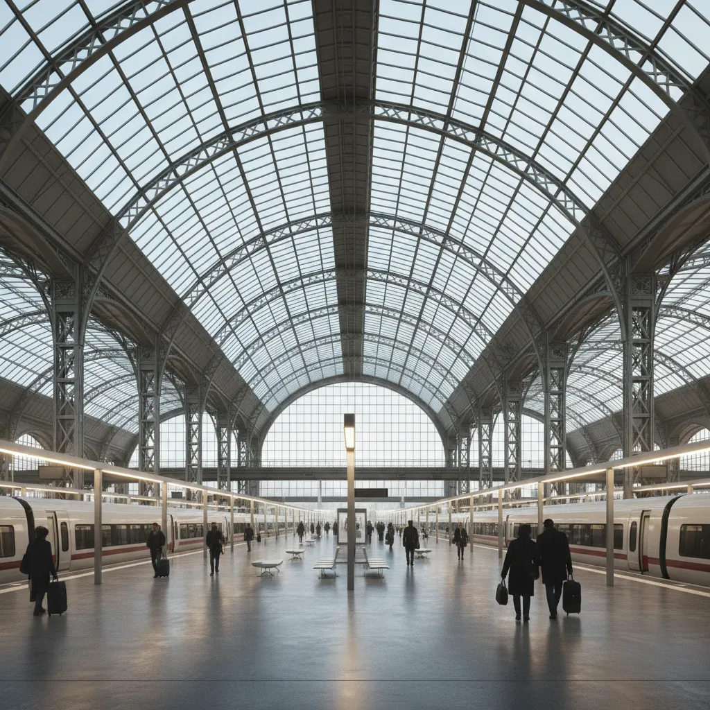 Lighting setup inside a large railway station hall with skylights and artificial lighting