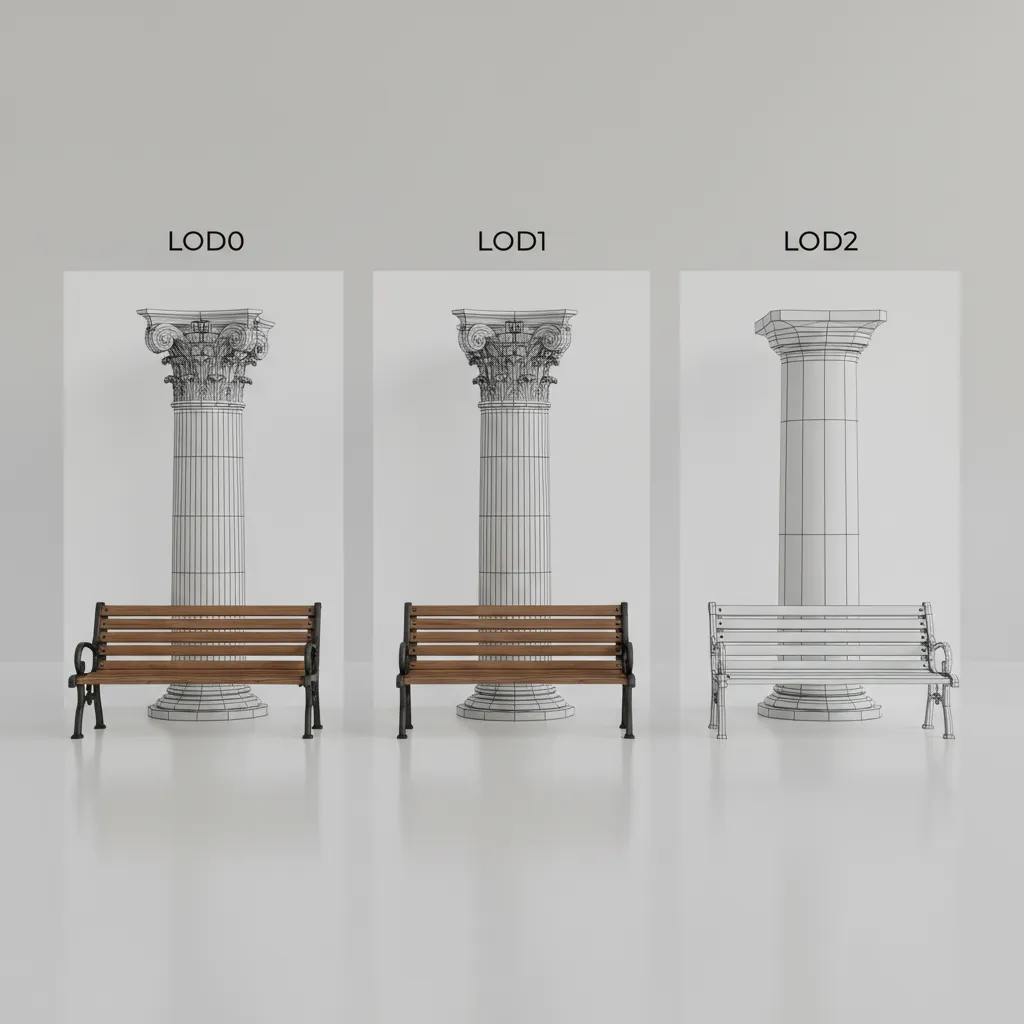 Visualization of LOD levels for repeated railway station objects such as benches and columns