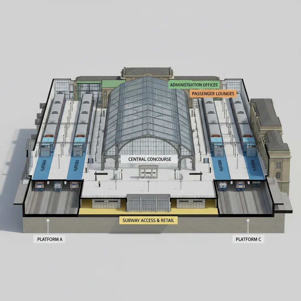 3D railway station model diagram showing different zones with varying levels of detail