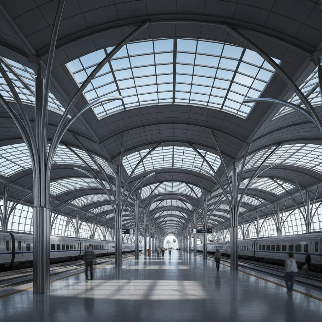 3D model showing modular railway station platform canopy structure