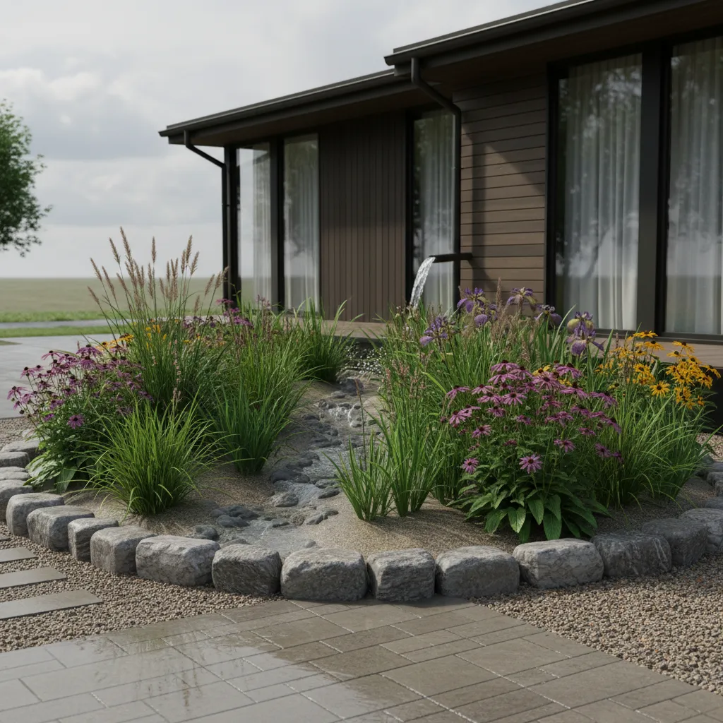 Rain garden landscape feature absorbing runoff in residential yard